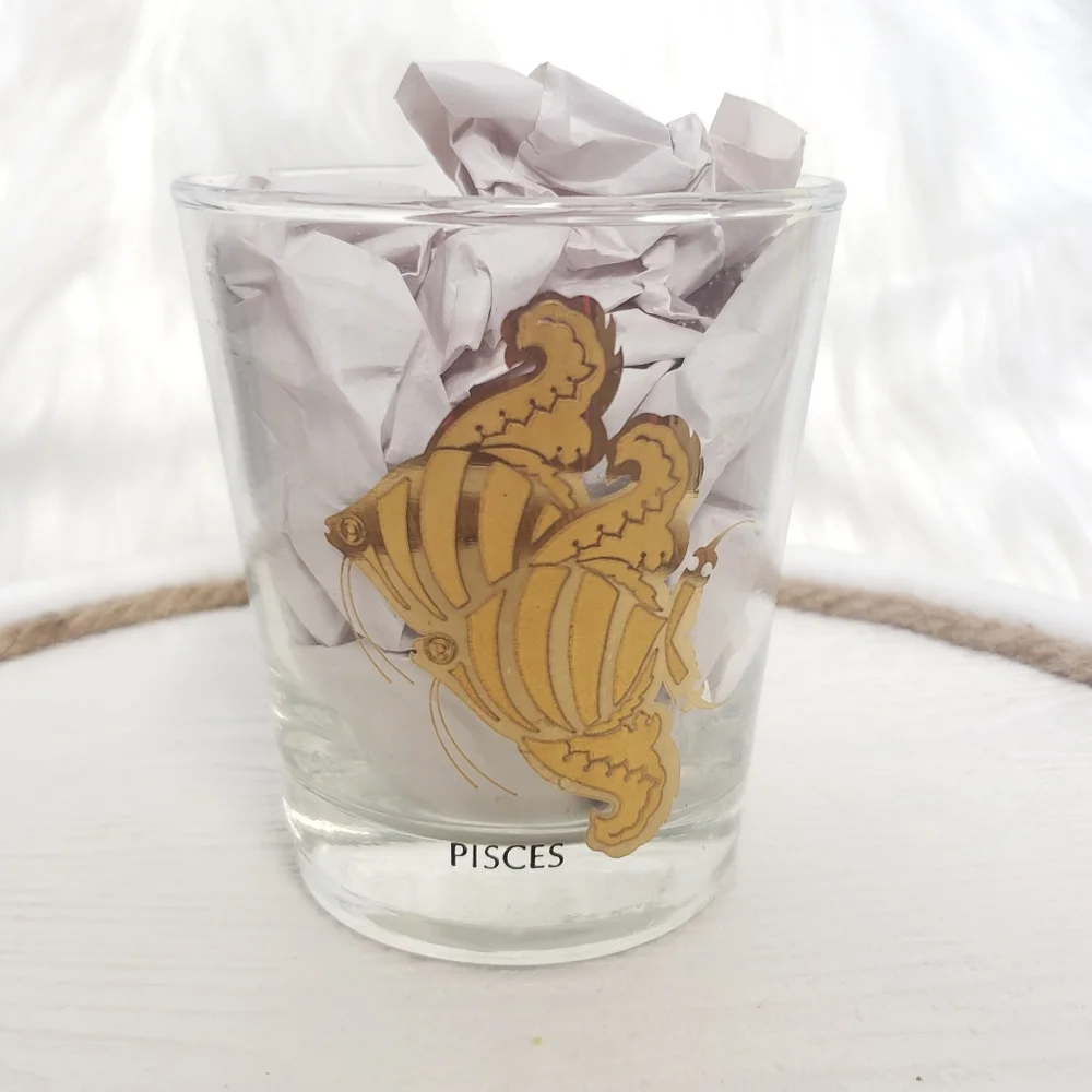 Vintage MCM Anchor Hocking Zodiac Astrology w Gold Picses Glass